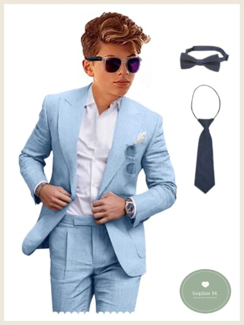 Boys 5-Piece Linen Suit Set Tuxedo Jacket Pants Bowtie Wedding Party